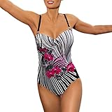 TYTUOO Damen Einteiler Badeanzug Rüschen Tropischen Blatt Druck Bademode High Cut Beachwear Bikini Set Badeanzug Gr. L,