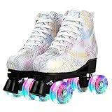 Milky Way Damen Rollschuhe PU Leder High Top Rollschuhe Graffiti zweireihige Rollschuhe für Anfänger Indoor Outdoor mit Schuhtasche (weiß mit Blinkrad, 43)