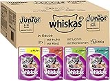 Whiskas Katzenfutter Junior – Klassische Auswahl in Sauce – Ausgewogenes Feuchtfutter für heranwachsende Katzen – 84 Beutel à 100g