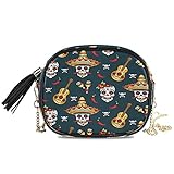 ALARGE Damen Mädchen Schultertasche Mexiko Sugar Skull Ethnische Gitarre PU Leder Sling Bag Geldbörse mit verstellbarem Metallkette Gurt und Q