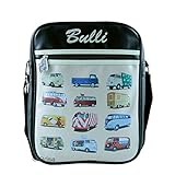 BRISA VW Collection - Stylishe & coole Volkswagen Retro/Vintage Schulter-Umhänge-Reise-Tasche im VW T1 Bulli Bus Design (Schwarz mit bunten Bullis/Kunstleder)