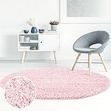 Hochflor Teppich Shaggy Einfarbig Rosa - 120x120 cm Rund - Flauschig & Weich - Wohnzimmerteppiche - Langflorteppich Schlafzimmer Uni M