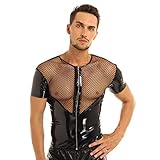 Mufeng Herren Sexy Netzhemd Wetlook Transparent Patchwork Mesh Tops Spleiß Lack Leder mit Reißverschluss Clubwear DJ Kostüm Schwarz M