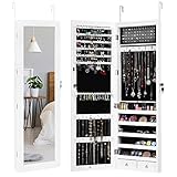 COSTWAY Schmuckschrank abschließbar mit 15 LED, Schmuckregal weiß für Ketten, Ohrringe, Schmuckorganizer hängend Tür und Wandmontage ideal fürs Schlafzimmer, Ank