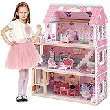 ROBUD Pupuuenhaus für Minipuppen Mädchen Spielzeug Set aus Holz Wohnhaus Puppen Haus Rosa Geschenk Kinder ab 3 J