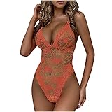 Sexy Dessous Damen für Sex Reizwäsche Spitze Bodysuit Halter Unterwäsche Rückenfrei Strapsen Negligee Tiefer V-Ausschnitt Babydoll Lingerie Erotic Nachtwäsche Blumen Stickerei N