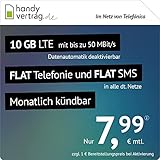 handyvertrag.de LTE All 10 GB - monatlich kündbar (Flat Internet 10 GB LTE mit max. 50 MBit/s mit deaktivierbarer Datenautomatik, Flat Telefonie, Flat SMS und EU-Ausland, 7,99 Euro/Monat)