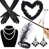 GOLDGE 1920er Jahre Zubehör Set Flapper Kostüm Accessoires Set Inklusive Schwarze Federboa Stirnband Halskette Handschuhe (7-teiliges Set)