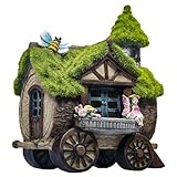 TERESA'S COLLECTIONS Vierradhaus Garten Feen Solarleuchte mit beflocktem Dach Feenhaus Gartenfigur für Außen aus Kunstharz 21cm Wasserfest Fairy Garden mit Miniatur Fee und Biene für Balkon T