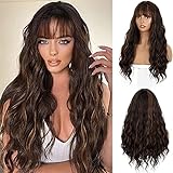 Perücke Braun Damen Lang Locken Perücken mit Pony für Frauen/Mädchen/Afro Natürliche Perrucken Party/Kostüm Highlights Wig DE001V