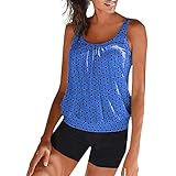 YEBIRAL Tankini Damen Bauchweg, Zweiteilige Figuroptimizer Badeanzug Große Größen Tankini Set mit Slip(L,Dunkelblau)