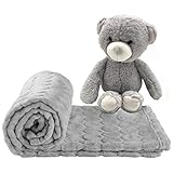 AKK BABY Kuscheldecke mit Spielzeuggeschenk Bär für Babys | Weiche Babydecke für Babys | Maße: 100 x 75 cm| Fleece Baby Decke Unisex | Sofadecke | Schlafdecke kuschelig | Grau weich Deck