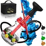 ADMY Mini Shisha Set, klein Hookah Komplett Alu, 33cm Shisha Paket To Go | Wasserpfeife Silikonschlauch Mundstück | Glas Bowl | Silikonkopf Smokebox | Zange Tauchrohr Diffusor | Travel Bag (Rot)