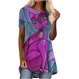 Buntes T-Shirt für Damen, Lustige Basics mit Individuellen Mustern Oberteile Rundhalsausschnitt Lurze Ärmel Klassisch Plus Size Loose Casual Blusen Retro Minimalist Top