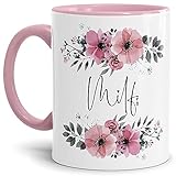 Tasse mit Spruch - Kaffee Tasse_Milf - Motivtasse mit Blumenmotiv - Geschenkidee - Keramiktasse Innen & Henkel Rosa, 300