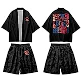 CHUIKUAJ Kimono Cardigan Haremshose Set Herren Damen 3/4 Ärmel Jacke - Chinesischer Stil Retro Text Print Harajuku Lose Streetwear,B-XLarg