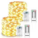 Led Lichterkette Batterie, 2er 12M 120 LED Lichterkette 8 Modi Außenbeleuchtung Kupferdraht Wasserdichte IP65 mit Fernbedienung und Timer für Outdoor,Innenbeleuchtung,Weihnacht (Warmweiß)