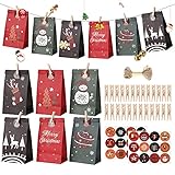 24 Adventskalender Zum Befüllen,Kraftpapiertüten Geschenktüten, adventskalender papiertüten,DIY Adventskalender zum Basteln,24 Tüten, 24 Clips, 10 Zeilen, geeignet für den Countdown bis W