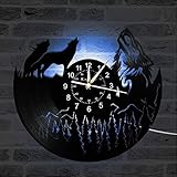 YHMJ Wall Clock 12-Zoll-Schallplatte Wanduhr, Retro handgefertigte Wild Wolf Silent Uhren für Wohnzimmer Schlafzimmer Home Decor, Freunde, Wild Wolf A3 mit LED