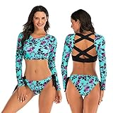 LOPILY Badeanzug Damen Blumenmuster Langarm Schwimmanzug Crossover Rücken UV Anzug Cut Out Sportbikini Zweiteiler UV Anzug Ausgefallene Bikinioberteil Bauchweg Bademode (Blau, XXL)