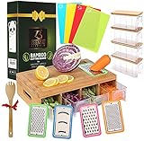 ZEEMBU Bambus-Schneidebrett mit Behältern – Easy Board – Prepdeck Meal Prep Station Schneidebrett mit 4 Schubladen / 4Bambusdeckel / 4 Reiben / 4 bunte Einsätze mit Icons - Chef Prep S