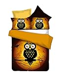 DecoKing 155x220 cm Bettwäsche mit 1 Kissenbezug 80x80 Eule Eulen Bettwäscheset Bettbezüge Microfaser Bettwäschegarnituren Reißverschluss Halloween Owls Collection Ghost Story orange braun schoko schw