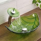 Gefäß-Waschbecken aus gehärtetem Glas, heiß geschmolzenes blattförmiges Badezimmer, Waschtisch, mit Wasserfall-Chrom-Wasserhahn, Combo Pop-Up-Ablauf-Montagering-Set (grün)