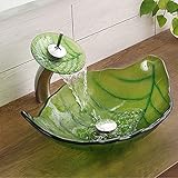 Gefäß-Waschbecken aus gehärtetem Glas, heiß geschmolzenes blattförmiges Badezimmer, Waschtisch, mit Wasserfall-Chrom-Wasserhahn, Combo Pop-Up-Ablauf-Montagering-Set (grün)