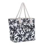 Große Strandtasche mit Reißverschluss 58 x 38 x 18 cm Palmen weiß schwarz Shopper Schultertasche Miami Florida T