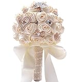 Fouriding Handgemachte Brosche Brautstrauß Braut Satin Rosen Blumen Diamant Perlen Blumensträusse Hochzeit Strauß Künstliche Blumenstrauß künstlicher Rosenstrauß Dekoration (Cremig)