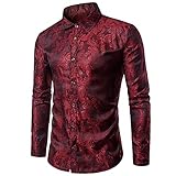 QWERD Herren Blumen Hemden Langarm Slim Fit Rose Bedruckte Langarm Casual Shirt Prom Hochzeitsparty Freizeitshemd Herren Paisley Hemd Langarm Jacquard Hemd für Männer Stickerei Freizeithemd M-3XL