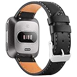 WASPO für Fitbit Versa Armband, Elegantes Echtes Lederarmband mit Schnellverschluss Pin Kompatibel mit Fitbit Versa 2/ Fitbit Versa/Fitbit Versa Lite Edition, Klein Groß Damen Herren (Schwarz, L)