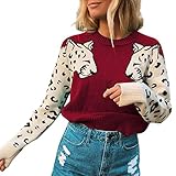 MMOOVV Damen Pullover aus Kaschmir Mode Frauen Animal Print Patchwork Oansatz Langarm Pullover Herbst Winter Top (Rot L)