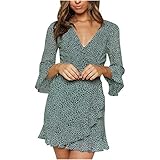 MKIOAKEv Damen Strandkleid  Elegant Casual Blumen Bedruckter Freizeit Mode Kurzarm V-Ausschnitt Polka Dot kurzen Ärmeln(L,Grün)