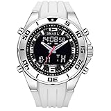 Herren Digital Uhren, Outdoor Sport Multifunktional Armbanduhr, Analog-Digital Wasserdicht Quarz Uhr, Doppel Zeitzone GroßEs Zifferblatt Chronograph,Weiß