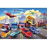 GREAT ART® XXL Poster Kinderzimmer – Autorennen – Wandbild Dekoration Flugzeug Cars Abenteuer Feuerwehr Sportwagen Auto Cabrio Comic Wandposter Fotoposter Wanddeko Bild (140 x 100 cm)