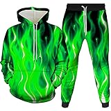 HHKLSF Herren Hoodie 3D Print Kapuzen Tops Hosen Sets Sport Anzug Trainingsanzug Langarm Kapuzenpullover Hosen 3D Pullover Abstrakt Flamme-Hellgrün_XXL_