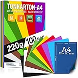 100 Blatt Buntpapier TONKARTON DIN A4 – 220 g Set 10 Farben – Bastelpapier Dick, Farbige Blätter – Pappe für Kinder, DIY Bogen, Cardstock Zubehör - Fotoalben Geschenke, Kreativ Bedarf, MADE IN GERMANY