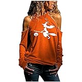 Wave166 Tops Damen Halloween Skelett Oberteile Langarm Kostüm Sexy Schulterfrei T-Shirt Lustige Graphic Gedruckt T-Shirt Tops Für Party Lässig Elegant H