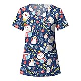 Ekrfxh Weihnachtsdruck Frauen Arbeitskleidung Kurzarm V-Ausschnitt Schneemann Muster Tops Arbeit Uniform Bluse T-Shirts, e, XXL