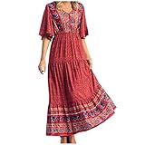 Mingfa.y Sommerkleid Damen Kurzarm Elegant V-Ausschnitt Strand Freizeitkleider Boho Lange Kleider Floral Strandkleid Blümchenkleid Jerseykleid Floral Sommer V Ausschnitt Blumenk