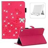 Shinyzone Glitzer Magenta Hülle für Samsung Galaxy Tab S5e SM-T720/SM-T725 mit Stifthalter,[Handy Ständer],3D Schmetterling Diamant PU Leder Schutzhülle mit Auto Schlaf/W