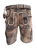 Enjoy Trachten Kurze Herren Lederhose mit Gürtel, Braun, Speckig Walnussantik, Wildbockleder, Krone, Gr. 44-62 (Hellbraun, Gr.52)