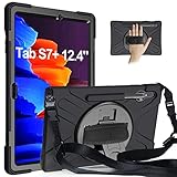 Gerutek Hülle Samsung Galaxy Tab S7+/S7 Plus 12.4 Zoll (T970/T975/T976), Stoßfeste Robust Panzerhülle mit Drehbar Stände, Handschlaufe, Schultergurt und Schutzhülle für Samsung Tab S7+ 12.4', Schw