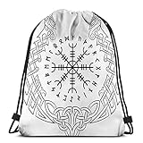 Rucksack mit Kordelzug Aegishjalmur Helm des Ehrfurchts Terror Isländische magische Staves und Skandinavier in Form Drachenboot Drakkar Männer Frauen Sport Turnbeutel Rucksack T