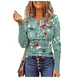 vijTIAN difine Weihnachten Pullover Damen Spitze Langarm T-Shirt Bluse Lässig Rundhals Weihnachten Bedruckt Langarmshirt Damen Herbst-Winter Mode Basic Shirt Bequeme Baumwolle Blusen Oberteil Top