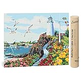Bougimal Malen nach Zahlen Erwachsene, Leuchtturm und Möwen, Enthält Faltenfreie Leinen Leinwand, Pinsel und Acrylfarben - ohne Rahmen 40 x 50