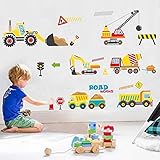 WandSticker4U®- Wandtattoo BAUSTELLE I Wandbilder: 150x58 cm I Wandsticker Kinderzimmer Junge Auto Aufkleber Kinder Fahrzeuge Baumaschinen Bagger Autos I Wand Deko für Jung
