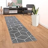 Paco Home Teppich Wohnzimmer Kurzflor Moderner Skandinavischer Stil Rauten Muster Grau Weiß, Grösse:70x250 cm, Farbe:G