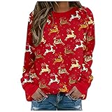 Weihnachten Sweatshirt Damen Teenager Mädchen Weihnachtspulli Rote Nase Hirsche Aufdruck Weihnachtspullover Langarmshirt Herbst Winter Vintage Shirts B